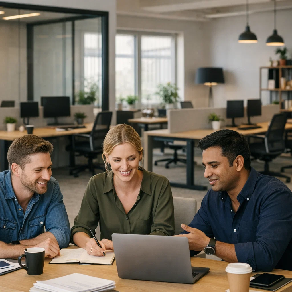 3 kontoransatte samarbejder i et kontorfællesskab