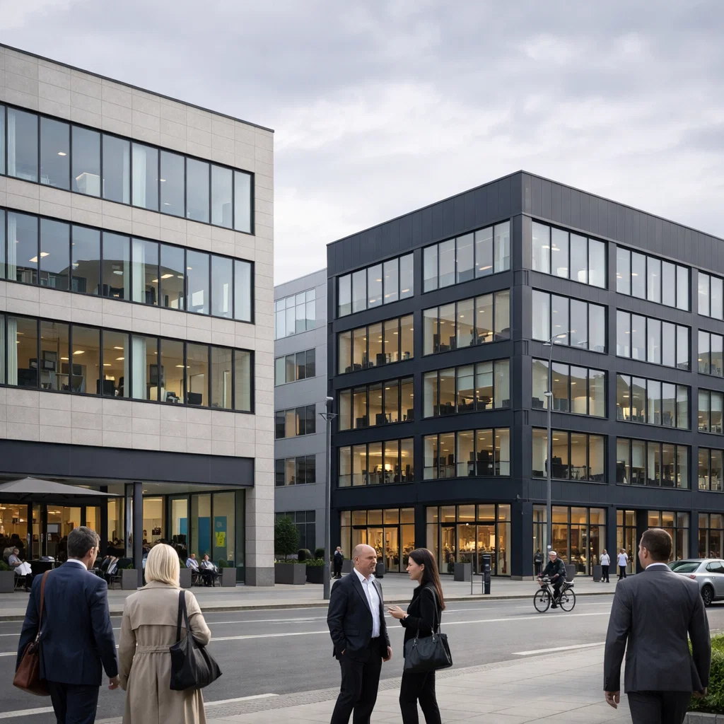 Kontorbygninger med folk på gaden