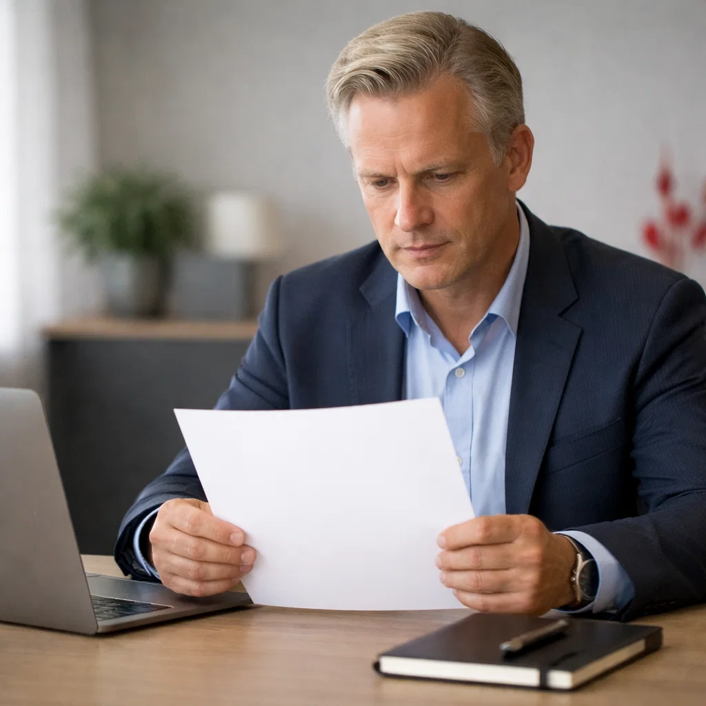 Forretningsmand læser kontrakt til erhvervslejemål