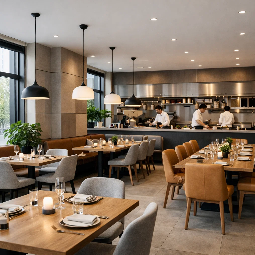 Restaurantindretning med åbent køkken