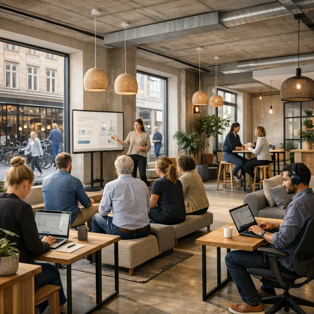 Kontor med ansatte der overværer præsentation