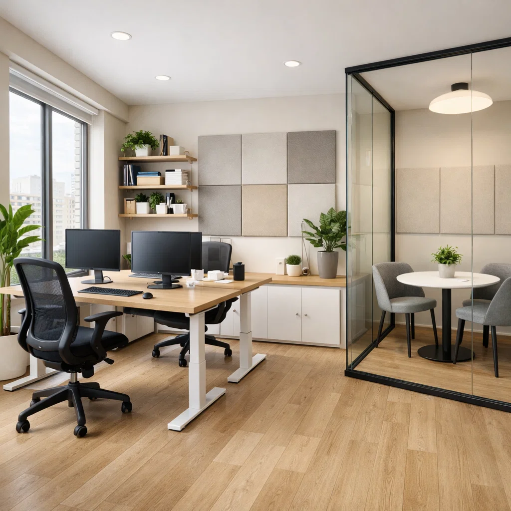 Eksempel på hvordan man kunne indrette lille kontor i erhvervslokale