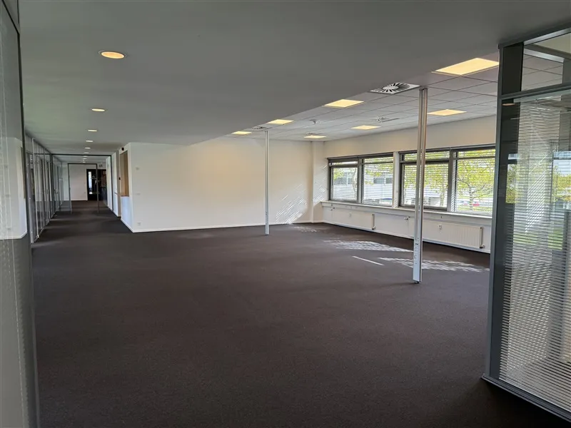 Et stort, lyse og tomt kontorlokale med lysegule vægge og sort gulv. Værelset har store glasruder og lysekroner i loftet.