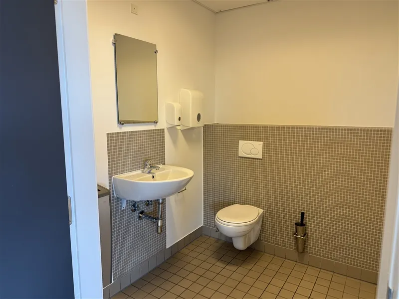 Et lille badeværelse med hvidt toilet, hvidt vasketøjsskab og et hængende spejl