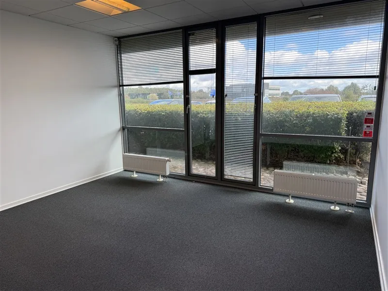 Et tomt rum med hvide vægge, gulvtæppe, radiatorer og glasdøre, der giver udsigt til en parkeringsplads med biler og planter