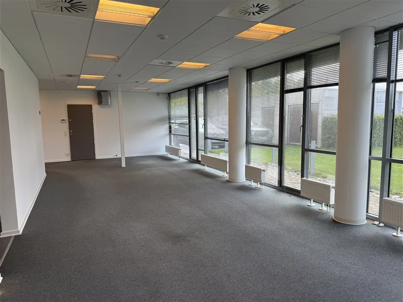 Store lokale med to blanke vægge, vinduer med skur, hvide søjler og radiatorer, tæppegulv og hvide lofter med indbygget