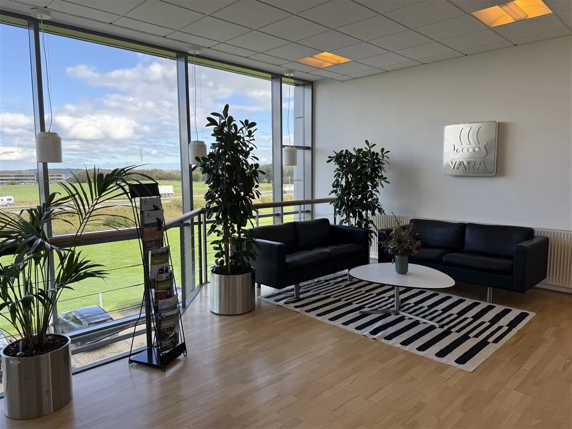 Kontorlokaler med lyse ruder og lyse lofter, møbler og plantager, hvor to sorte lædersofaer og et rundt hvidt bord står på