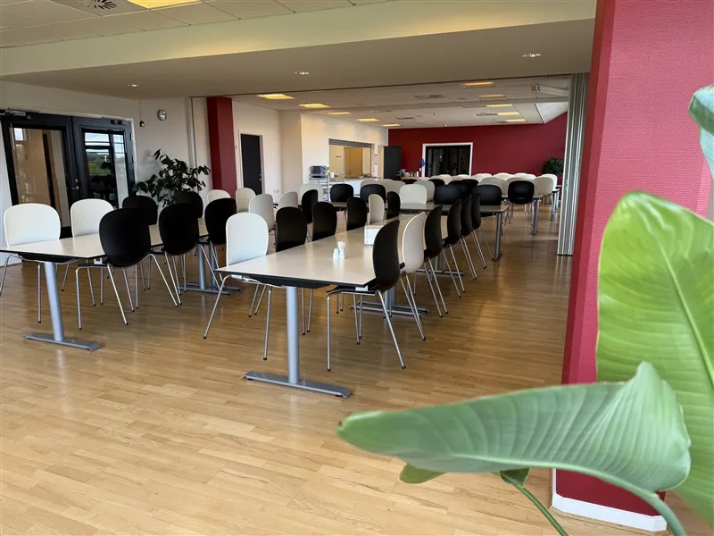 Et stort kontorlokale med mange hvide og sorte stole omkring store borde og en plante i højre side.