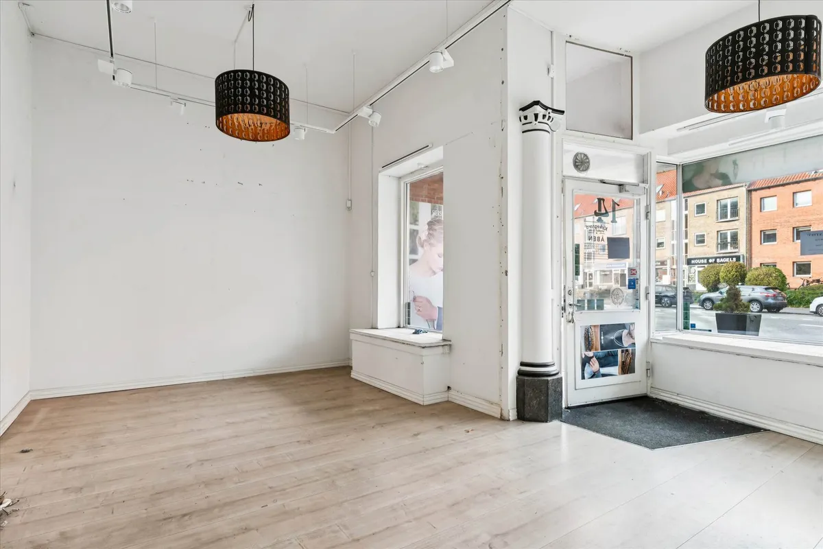 Store hvide vægge og loft, to lamper hængende i loftet, store vinduer og udgangsdør, hvide gulvbelægning, skråtag, træpotte