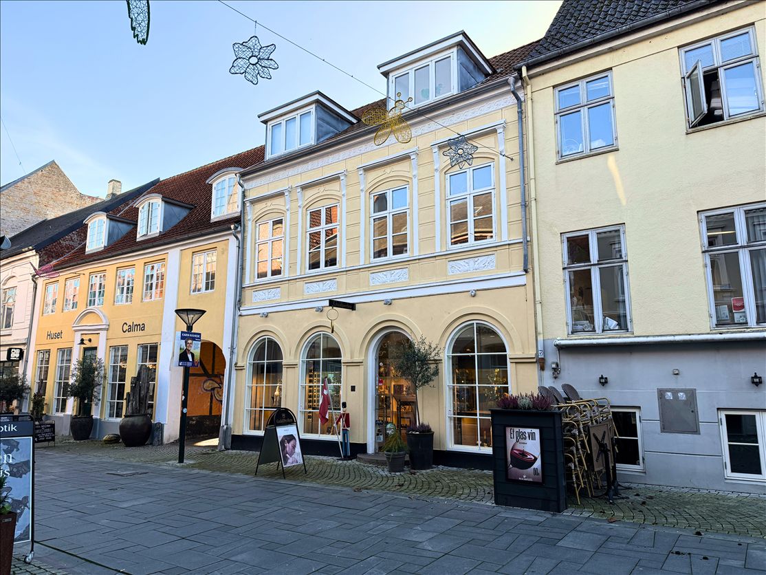 En velholdt og præsentable butiksbygning med vinduer og et rødt banner med en kvinde og en flagpæl med et rødt flag
