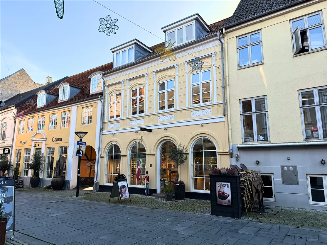 En velholdt og præsentable butiksbygning med vinduer og et rødt banner med en kvinde og en flagpæl med et rødt flag
