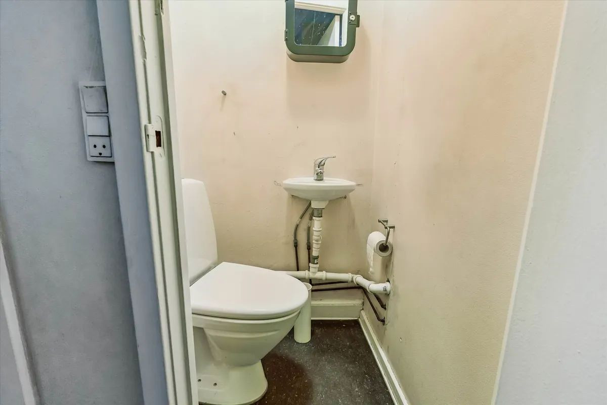 Toiletrum med hvid toilet, hvidt vask og tøjholder til håndklæde. Der er også en stribet spejl og elektriske stik.