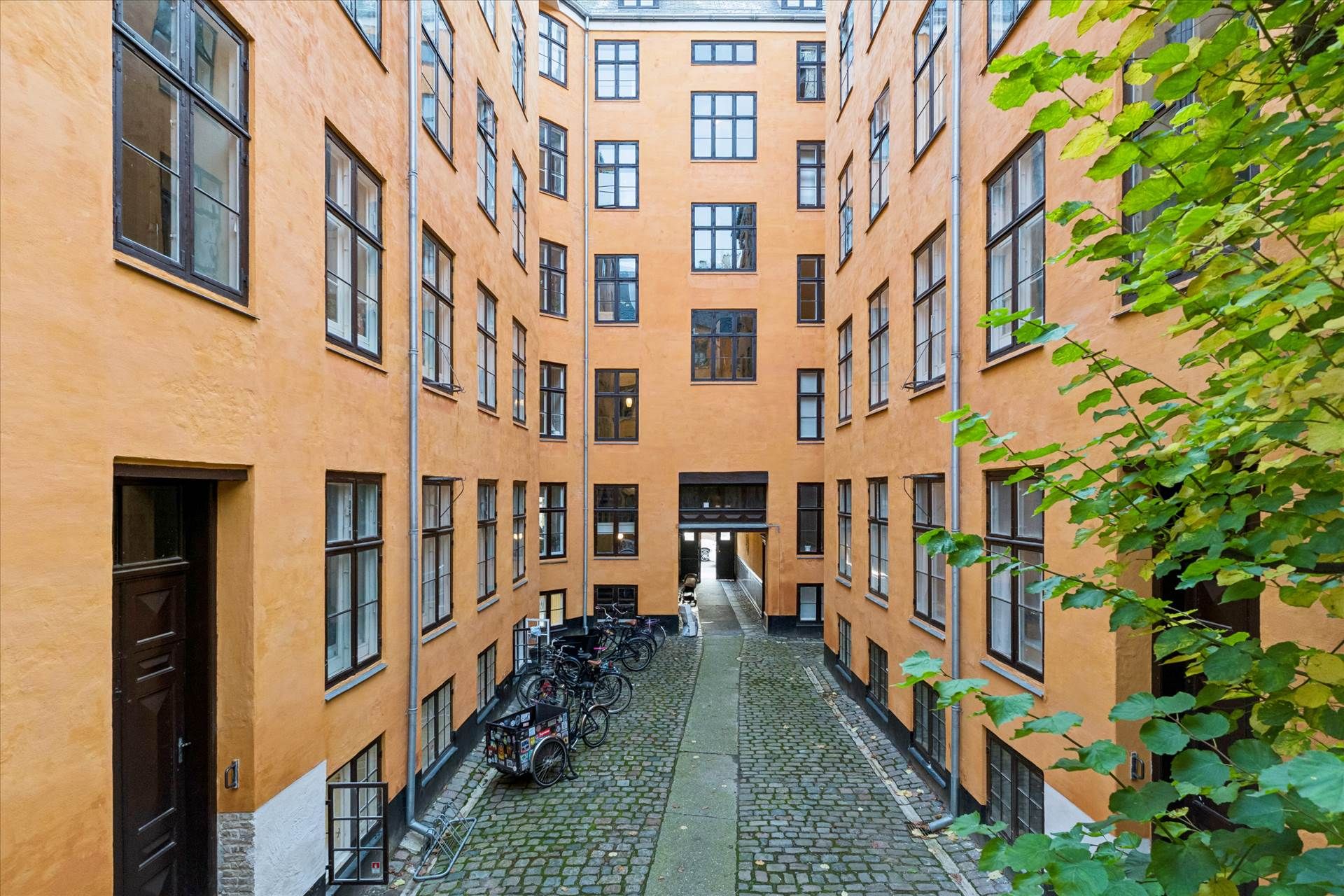 Gule bygninger med store vinduer og adgangsdøre, et stenlagt område med parkerede cykler og grønne planter