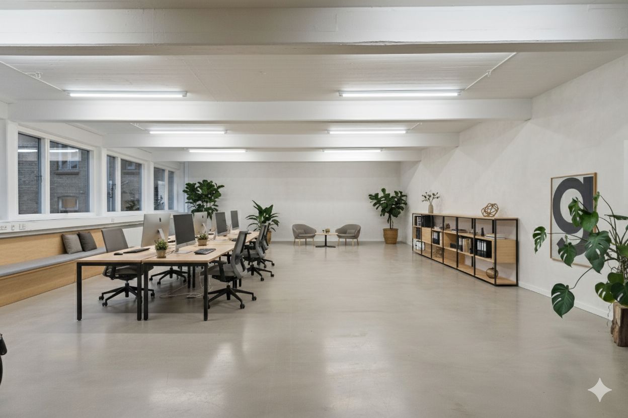 Kontor med højt til loftet og lyse loftsvinduer. Fire skriveborde med computere og stole. En sofa og et bord med stole i hjørnet. Et højt, slankt skab med hylder. Et træbord med plante og en stol.