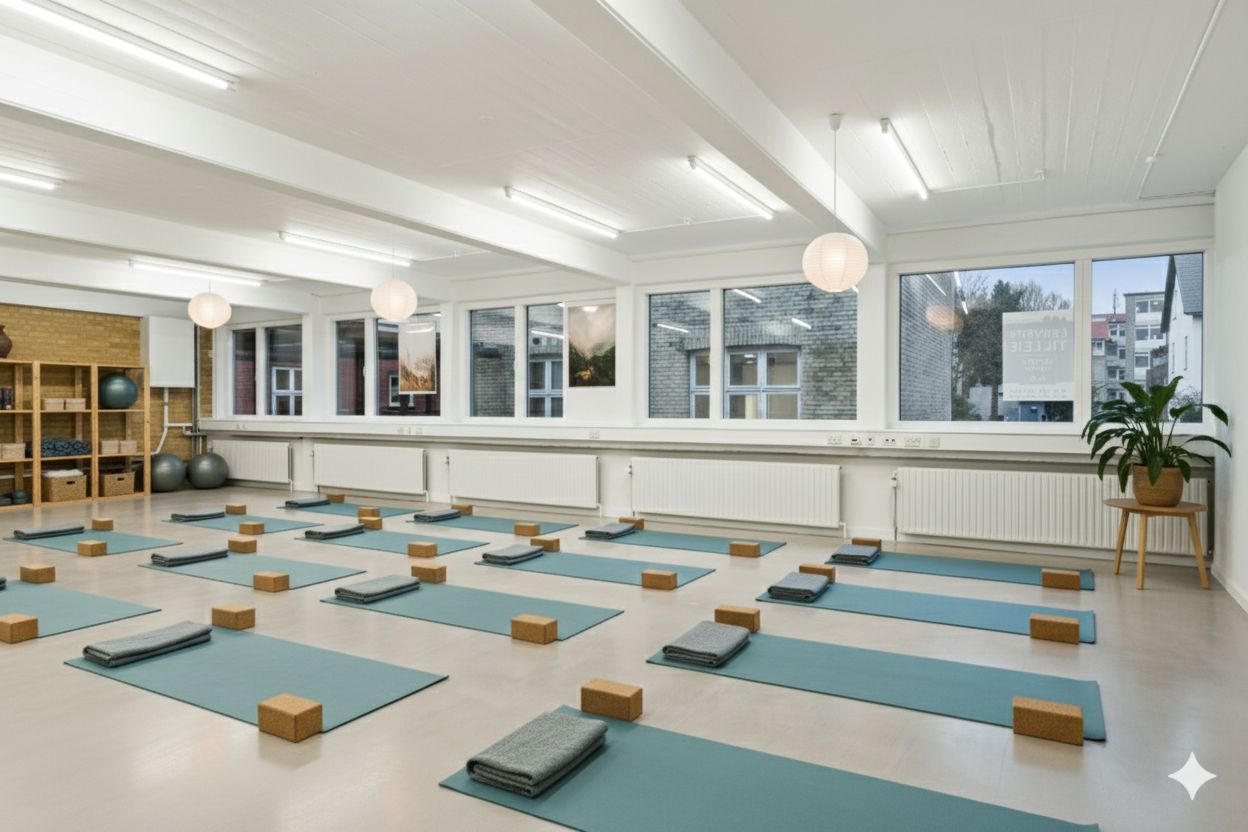 Yogaværelse med lyse gulvbelægning og smukke yogamatte samt yogablokke og hvidt loft og hvide vægge.