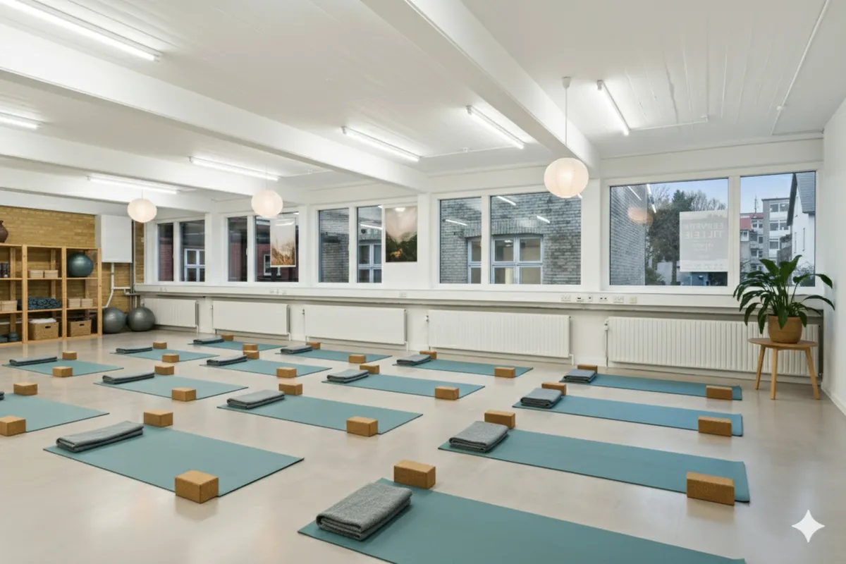 Yogaværelse med lyse gulvbelægning og smukke yogamatte samt yogablokke og hvidt loft og hvide vægge.