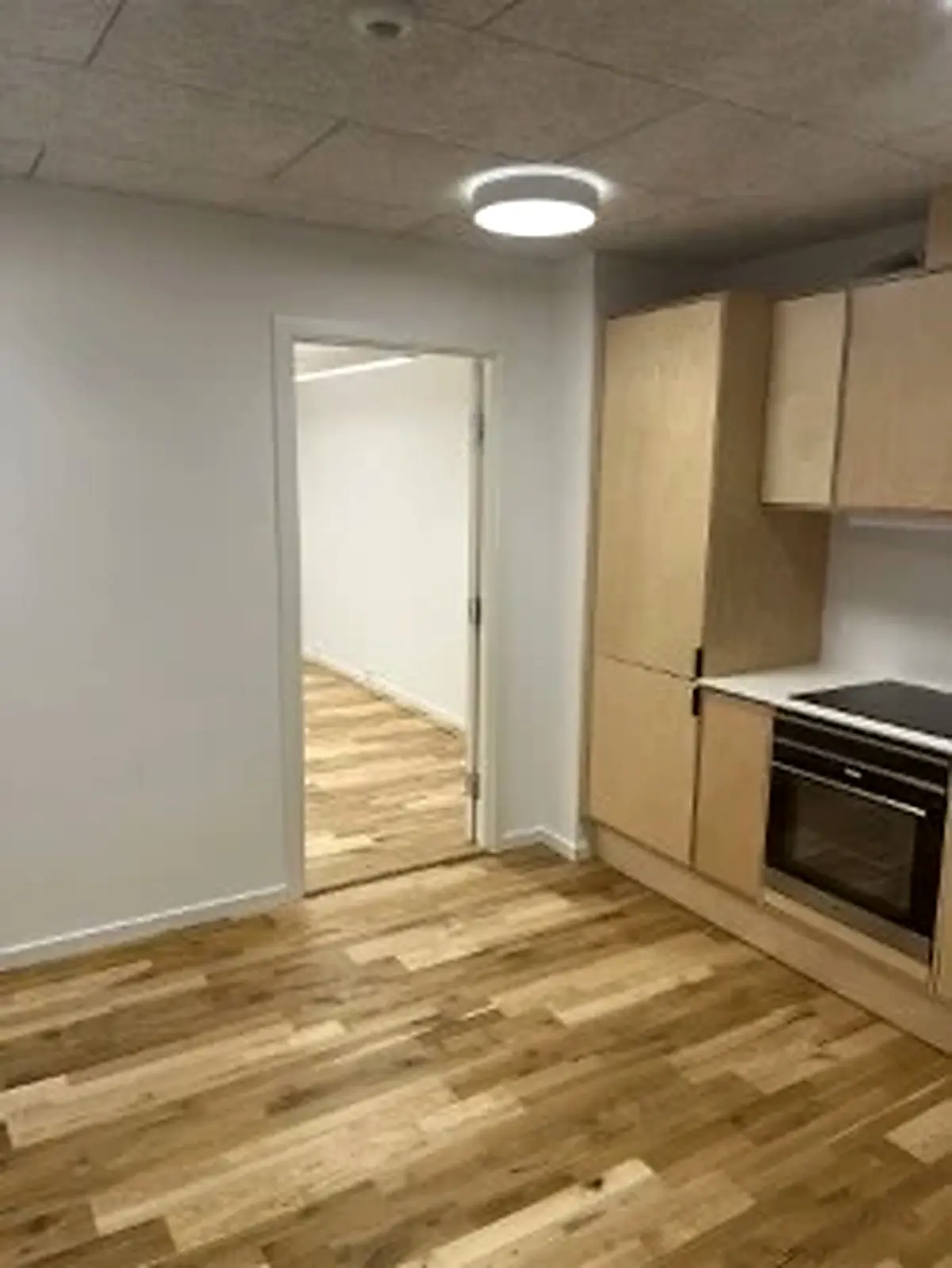 Lukket rum med hvid væg, højt loft og lys i loftet. Køkken med tørretumbler og komfur. Højt loft og hvide vægge. Trægulv og lyse skabsfronter.