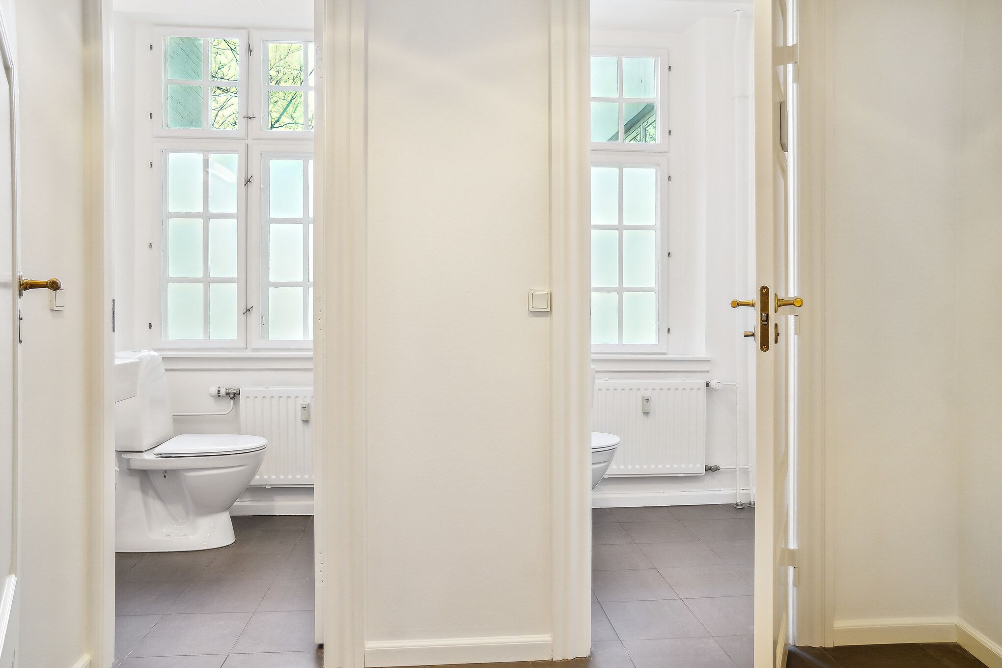 Kontor med høj gulvstand og lyse vinduer. De to toiletrum med moderne toilet og radiatorer. Gulvtæppe og lyse lofter. Elegante guldfarvede døre med lukkelås.