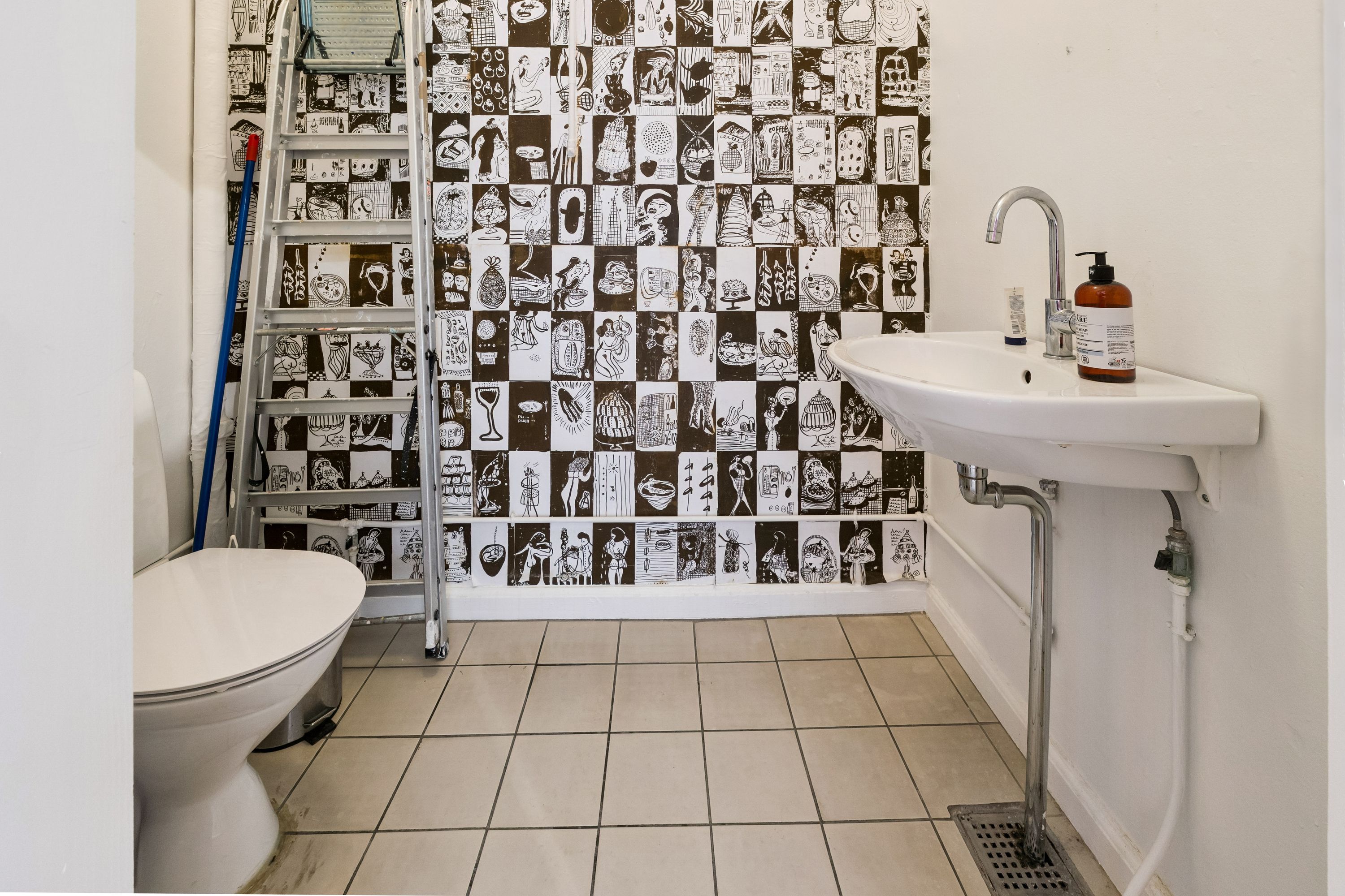 En lille badeværelse med en toilet, en hvid vaskeske og et sæbeflaske på vaskebassinet og et stige med en blå støvsugerbørste i hjørnet