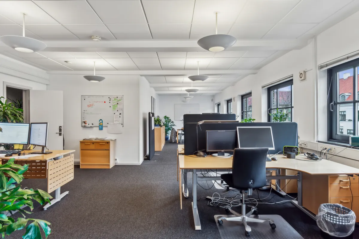 Kontor til leje med skriveborde, computere, skrivebordslys, plantegaver, hængende loftslys, hvide vægge og store ruder