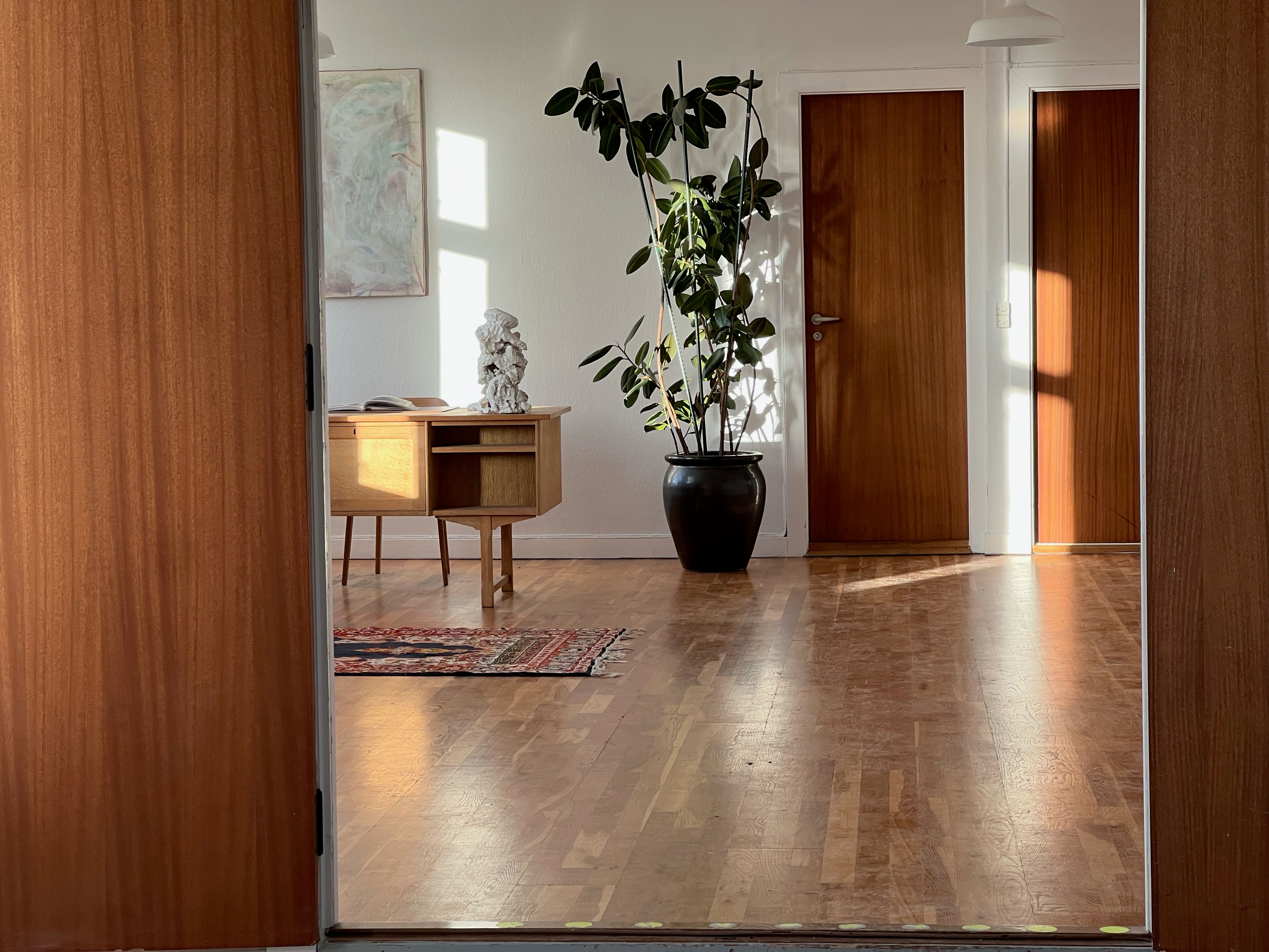 Kontor til leje på Rosenkæret 14 med pæne trægulve, møbler og en stor plante. Væggene er hvide, og der er kunst på væggen.