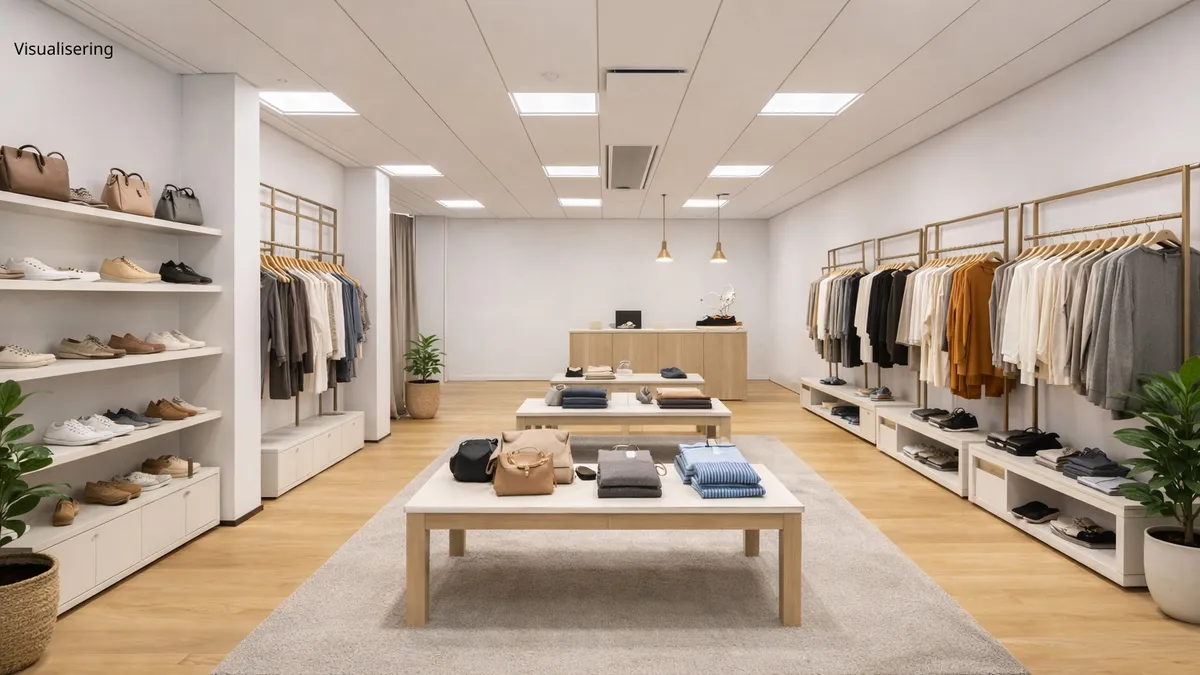 Fremlejemål med moderne indretning og lyse loftsbelægninger. Styret design med hængende tøj, sko og tasker samt to træborde med diverse varer. Høj kvalitet og flotte møbler.