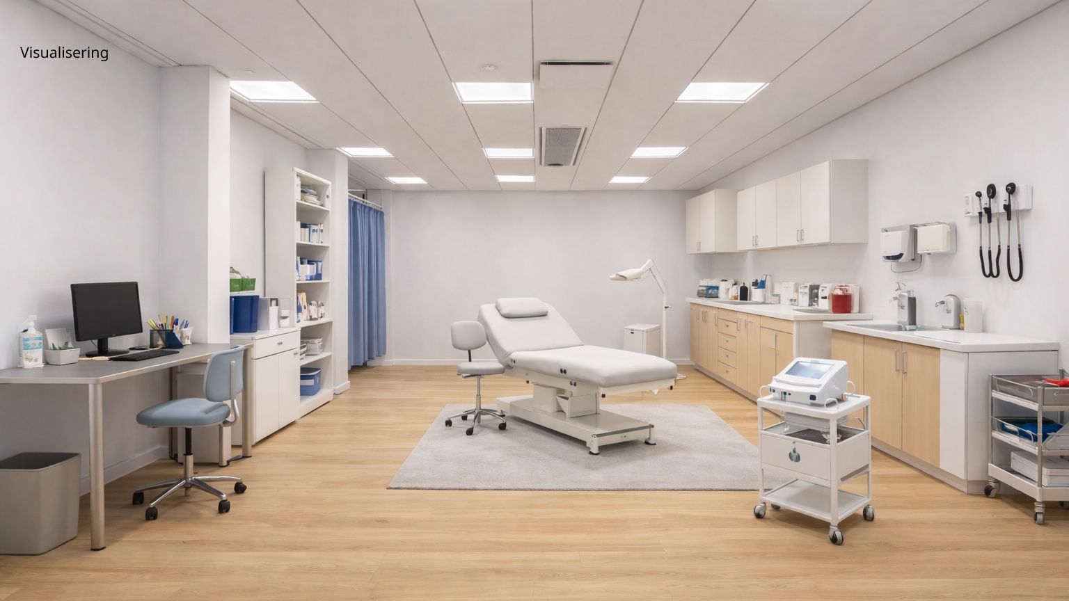 Ny Carlsberg Vej 42, 1799 København V. Fremlejemål med hvidt udstyk og trægulv. Moderne lægekontor med høj teknologi. Computer på skrivebord og højteknologisk udstyr.