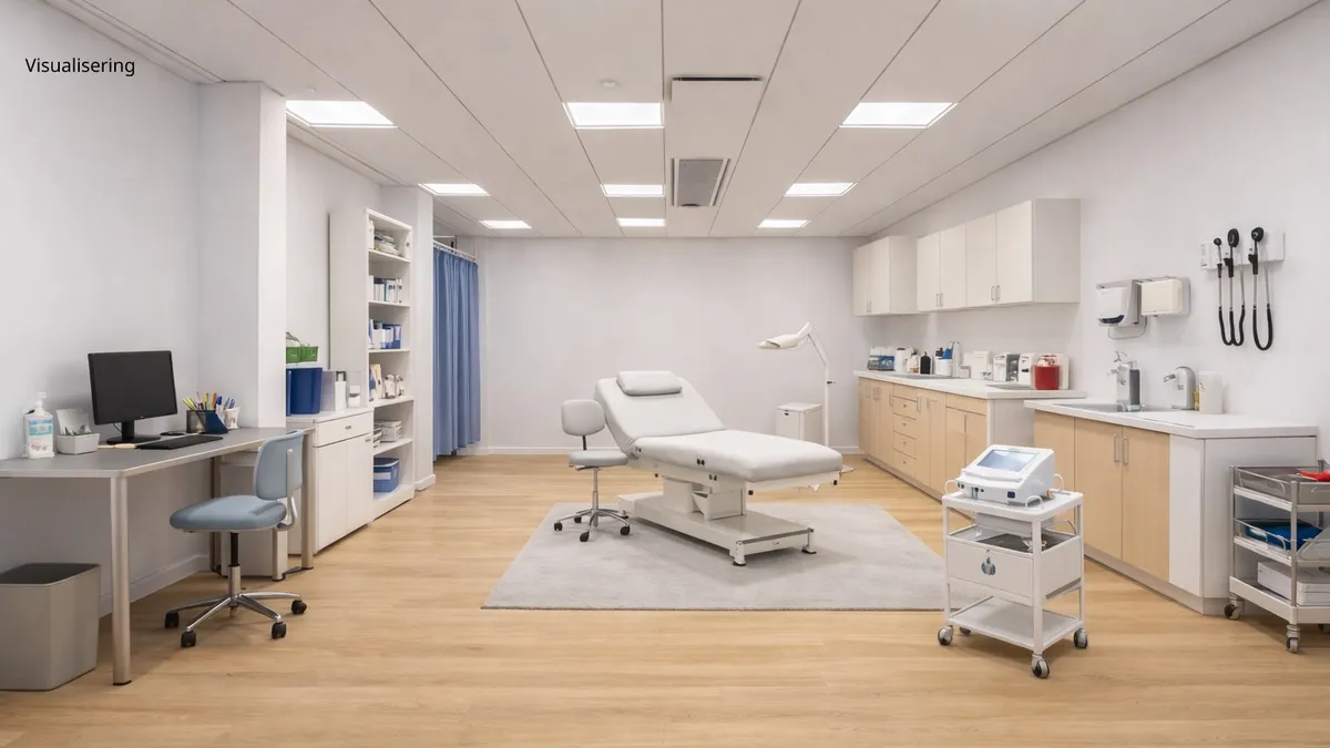 Ny Carlsberg Vej 42, 1799 København V. Fremlejemål med hvidt udstyk og trægulv. Moderne lægekontor med høj teknologi. Computer på skrivebord og højteknologisk udstyr.