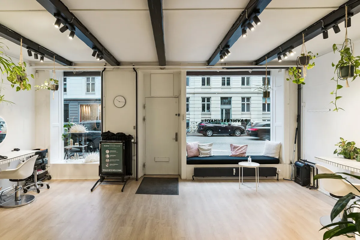 Lejlighed til leje i København med lyse gulve, store vinduer, hvide vægge, sofa, pude, bord og indretning med møbler og planter på gulvet og væggene