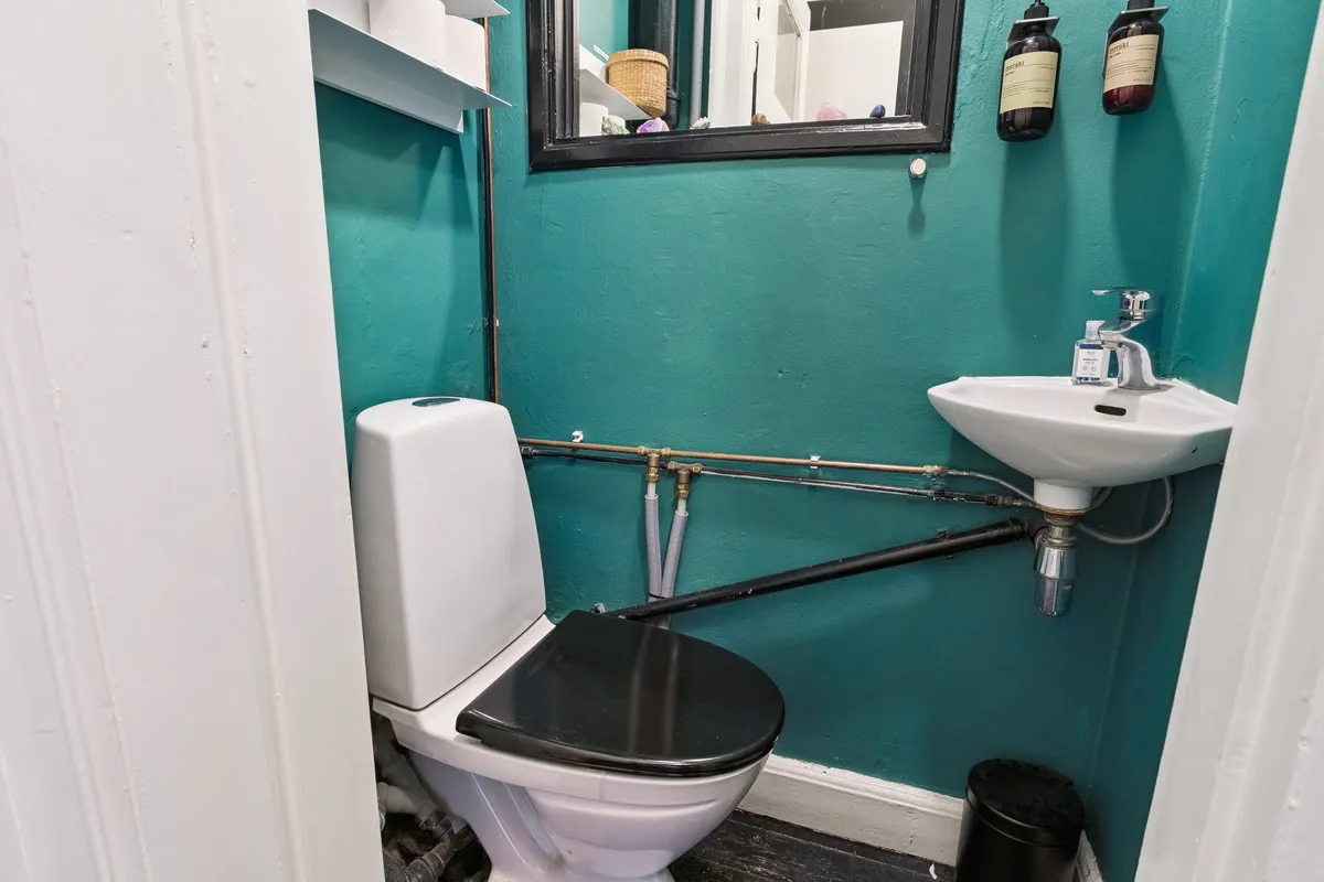 En lille badeværelse med en hvid toilet, en hvid vask og to flasker med håndsæbe på en grøn væg. Et sort spildevand er placeret tæt på vasken