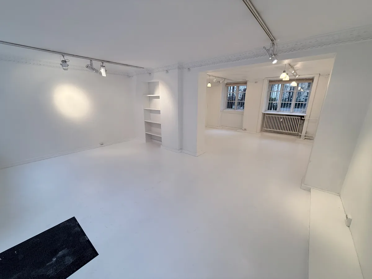 Hvid stue med lysekroner og gulvbelægning. To vinduer med gardiner og radiatorer samt et hyldesystem. En sort tæppe ligger på gulvet.