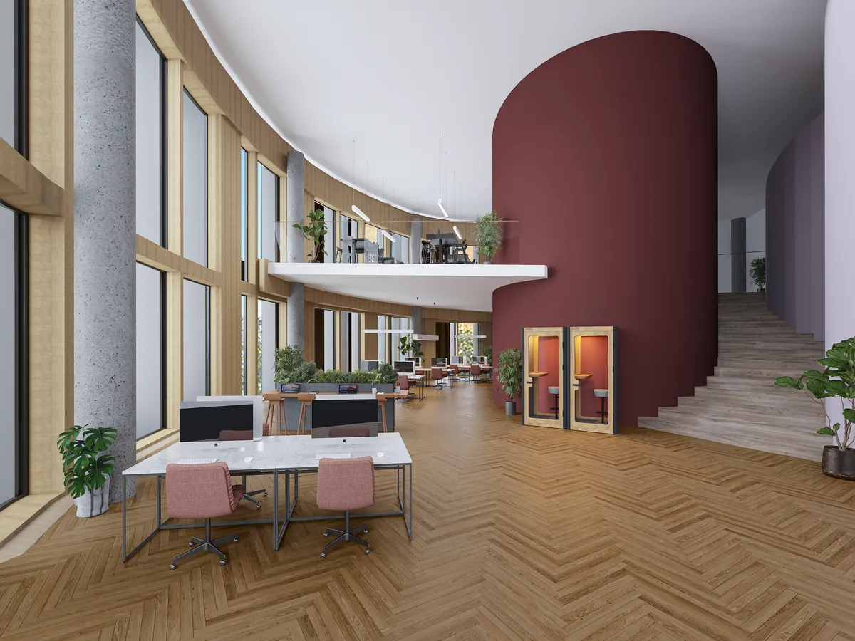 En stor, ikonisk kontorvirksomhed med lysindfald, udsigt og møbelsæt. Loftet er højt, og der er vinduer, der stiger op til loftet