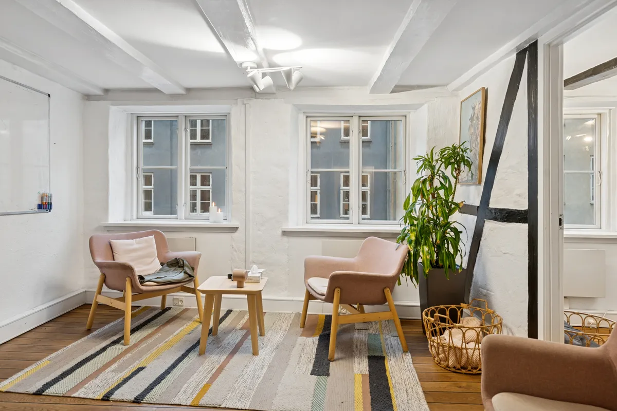 Kontorrum med moderne møbler, hvid væg og vinduer med udsigt til bygninger og lyse himmel. På gulvet ligger et tæppe og der er en plante i et kurv.