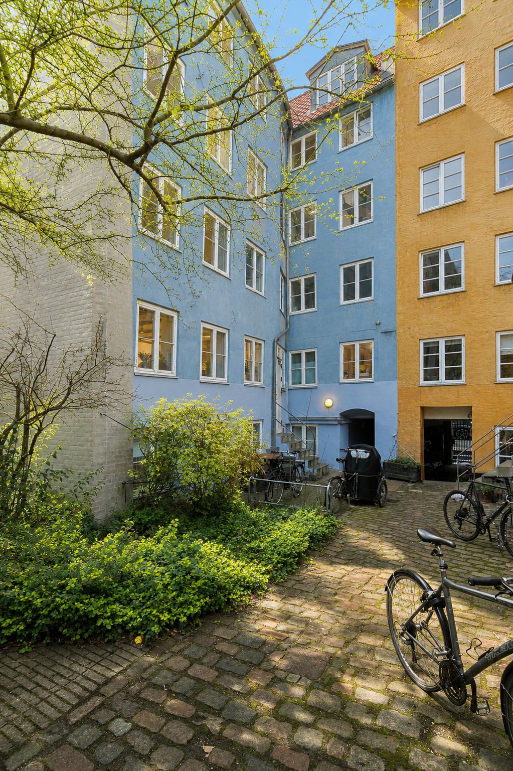 Kontorlokaler på Sankt Peders Stræde med parkerede cykler og planter i gårdhaven. Tre huse med hver deres farve og stil.