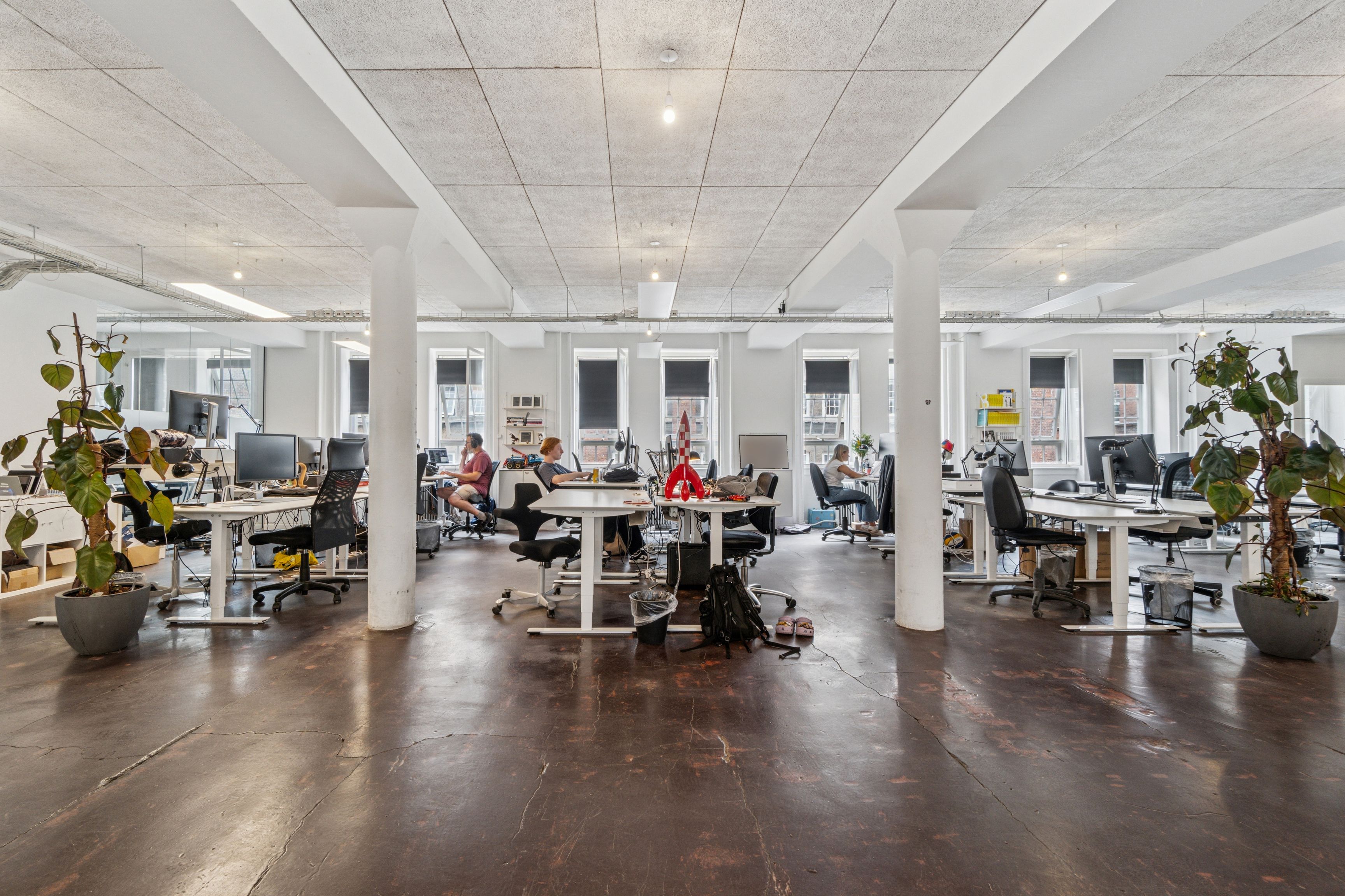 Kontorrum med lyse vinkler og moderne møbler. Køkkenborde, computere og lyse lofter. En stor gulvplante og mange vinduer. Beliggenhed ved Islands Brygge, tæt på metrostationen.