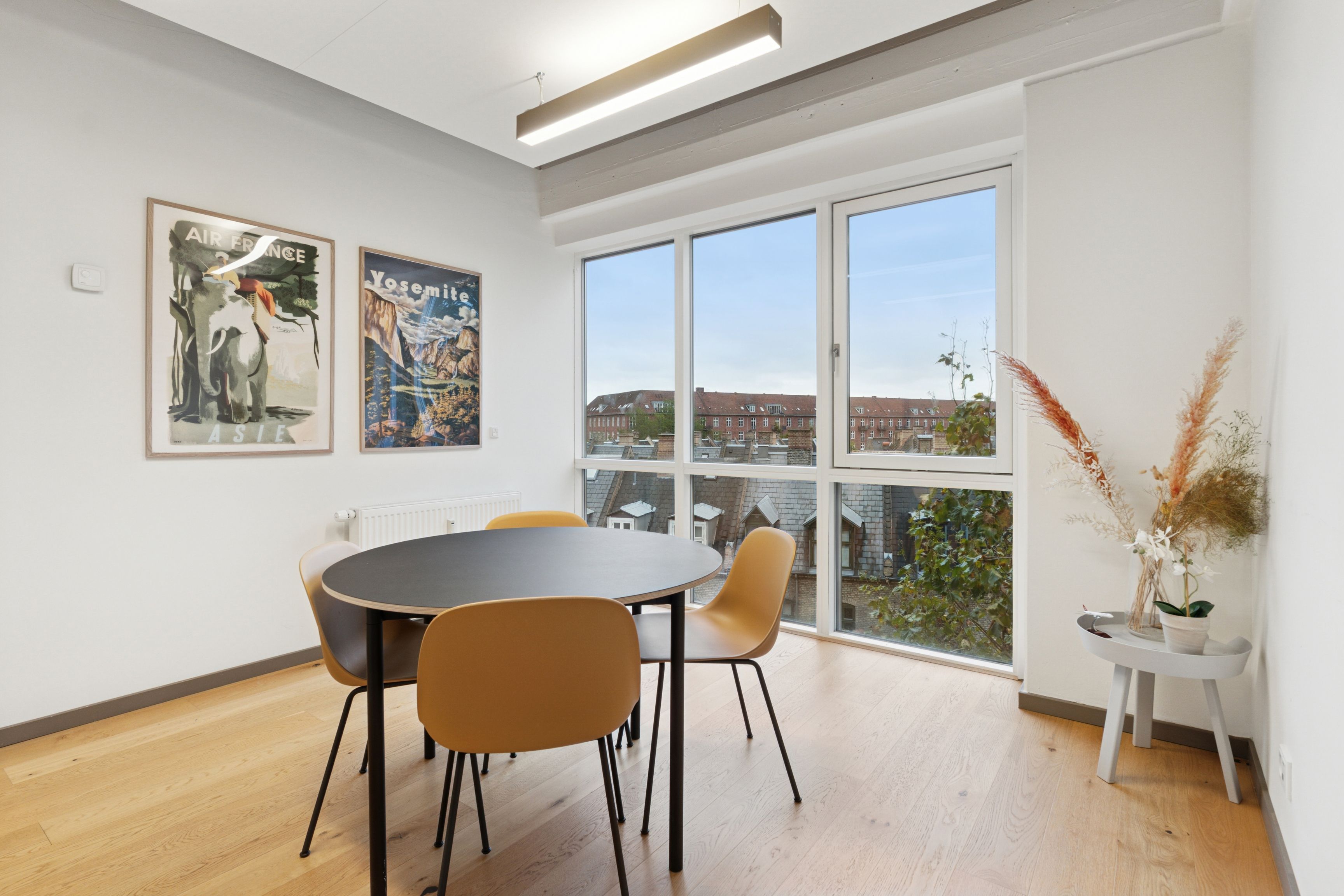 Kontorlokaler med bord, fire sæder, plante og to malerier på væggen. I baggrunden er et vindue med udsigt til en bygning. Loftet er udstyret med en lang, hvid pære.
