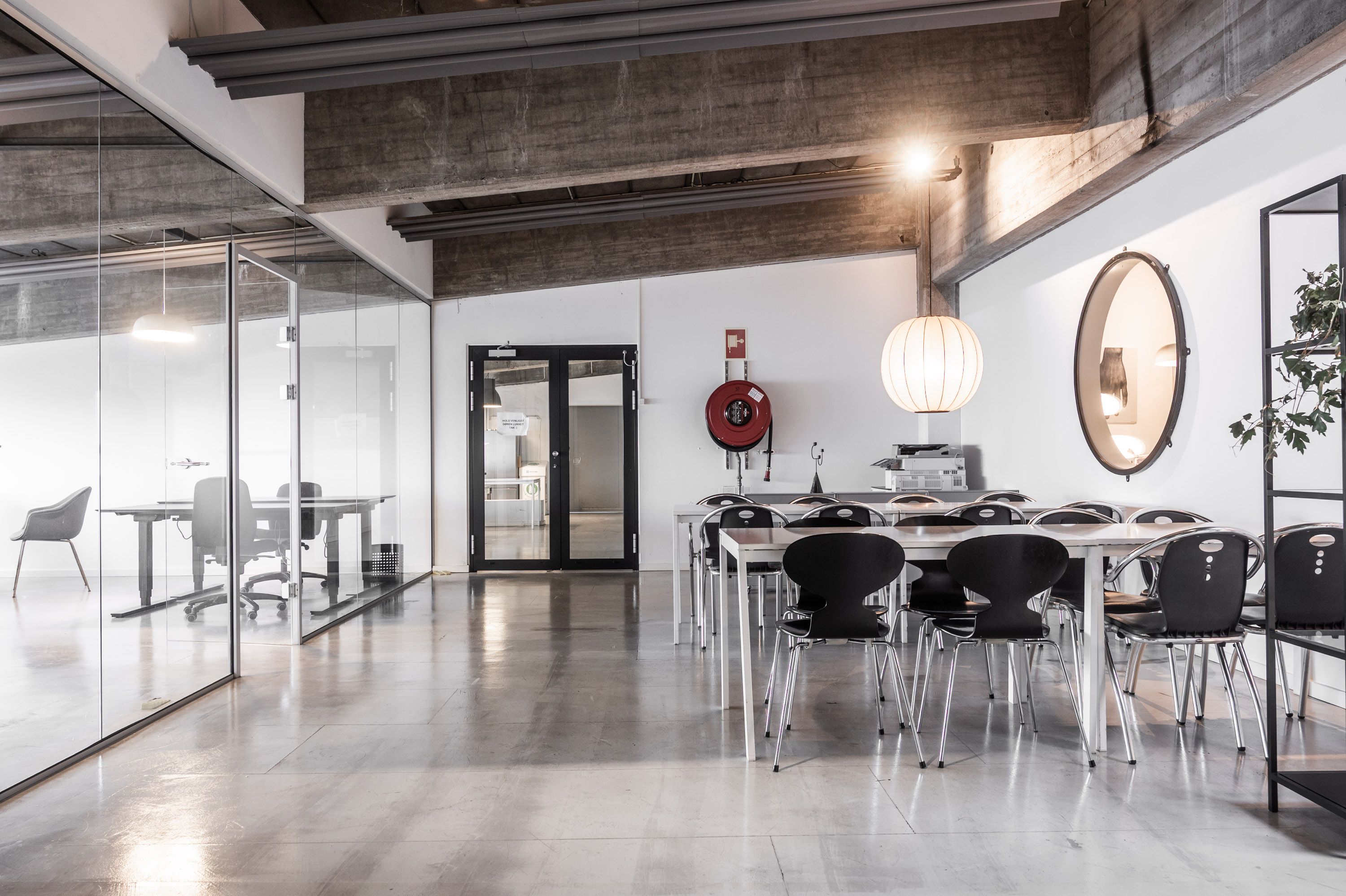 Råt og karakterfuldt kontor i industrikvarter på Amager med store glasvinduer og industrielle loftsbjælker. Kontorborde og stole samt en guldplante og et rundt spejl