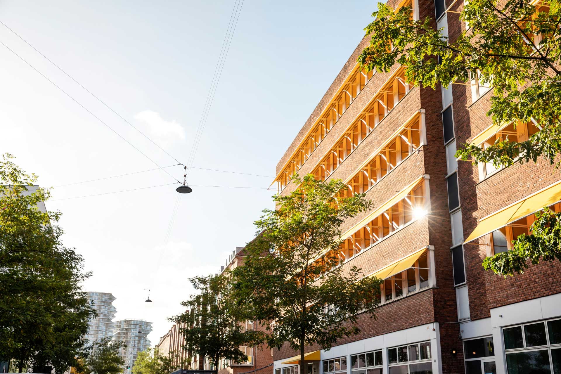Kontorbyggeri med terrasse og udsigt over Kødbyen. Solskin og grønne træer omgiver bygningen. Gule gardiner er rullet ned over de store vinduer