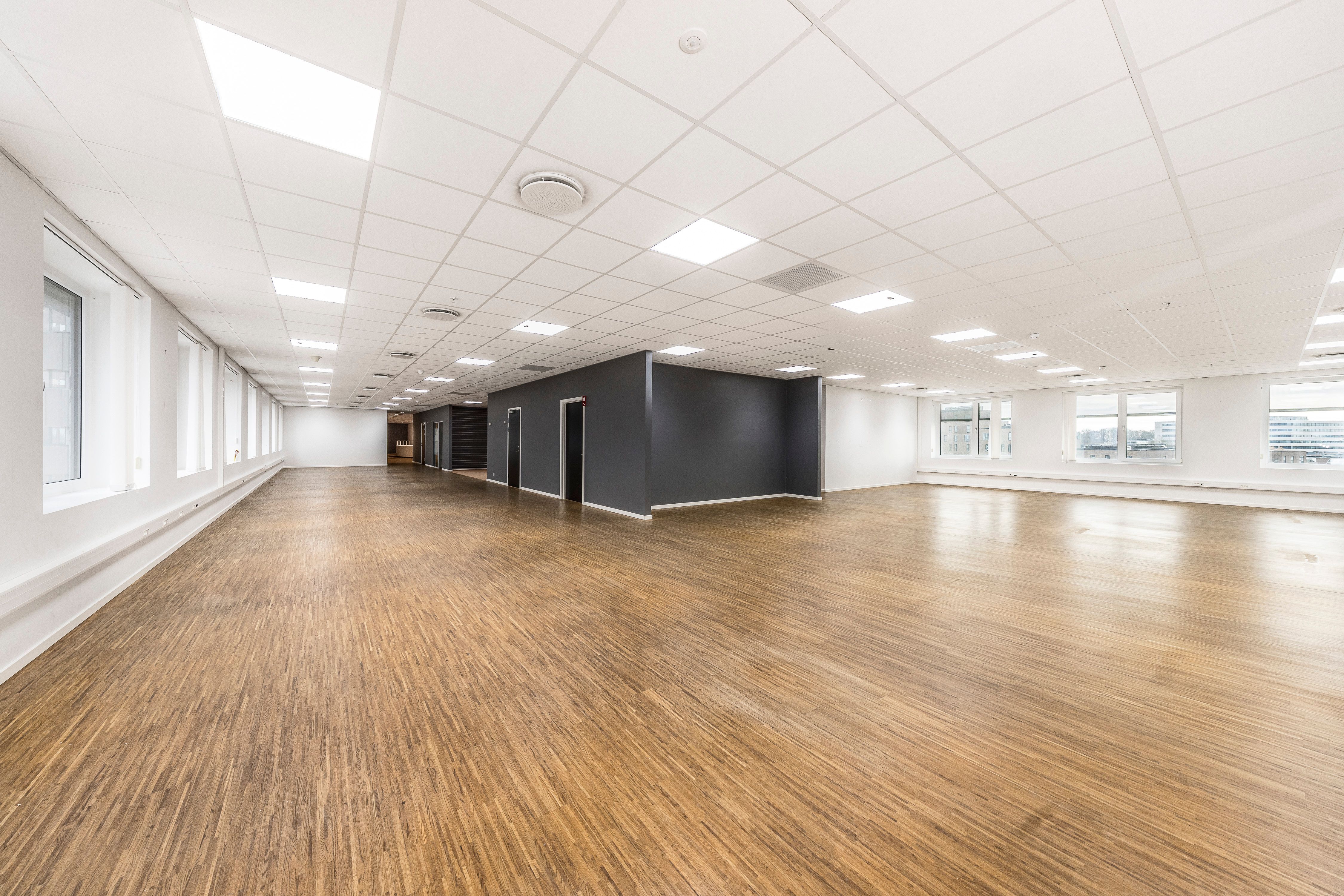 Gladsaxe Company House med trægulve, hvide vægge, lyse lofter og glasvinduer. Et stort kontorrum med indgange til siden og fællesfaciliteter.