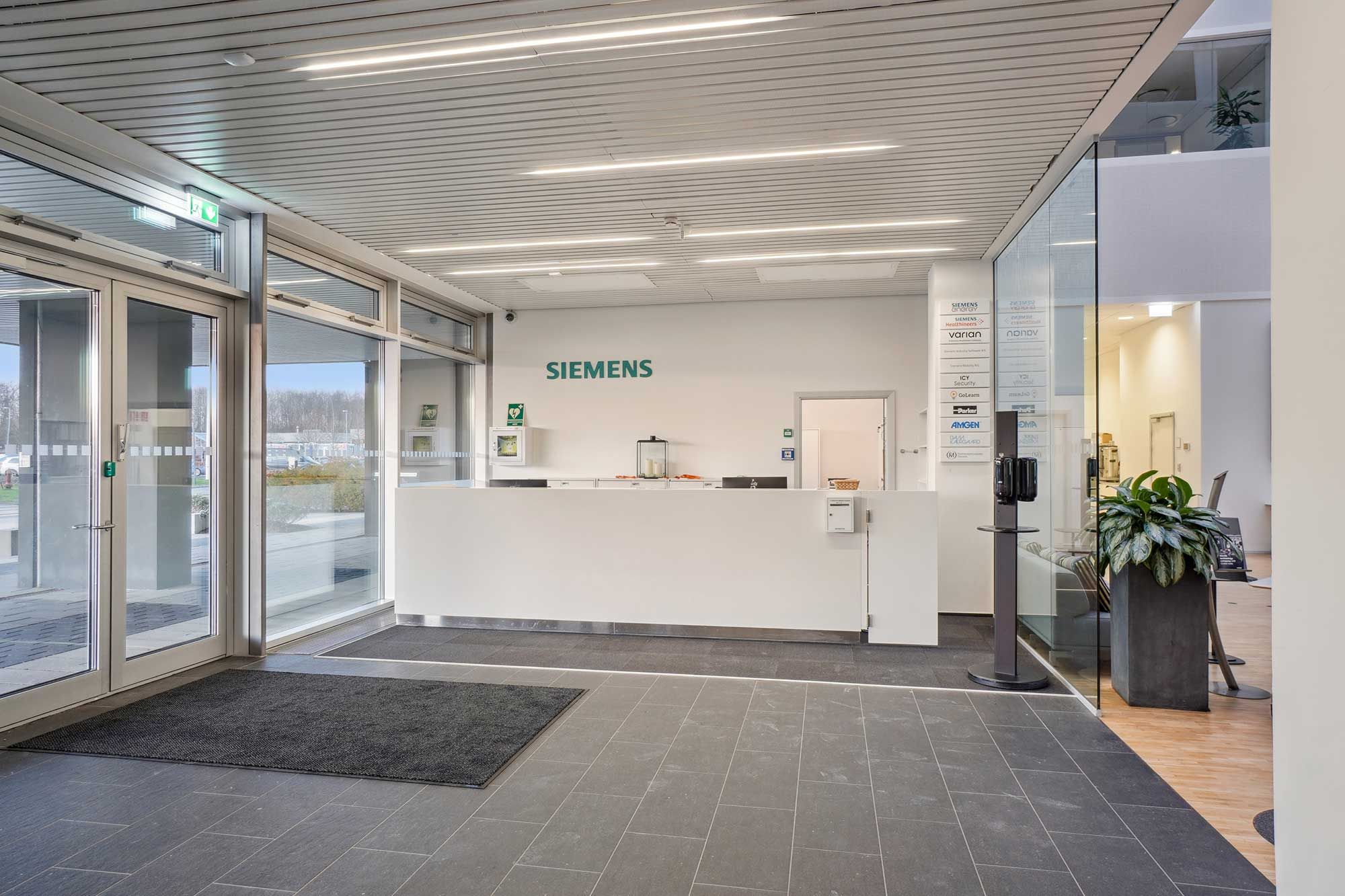 Siemens kontoret i Ballerup med en moderne indgangsdør, glasvinduer og højlofter samt fællesfaciliteter med plante og moderne møbler