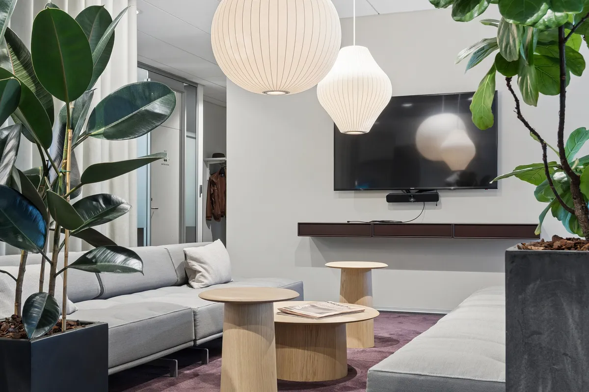 Kontorlokaler med moderne sofa, træborde, lyse lampekroner, tv og store planter i store potter og lyse vægge