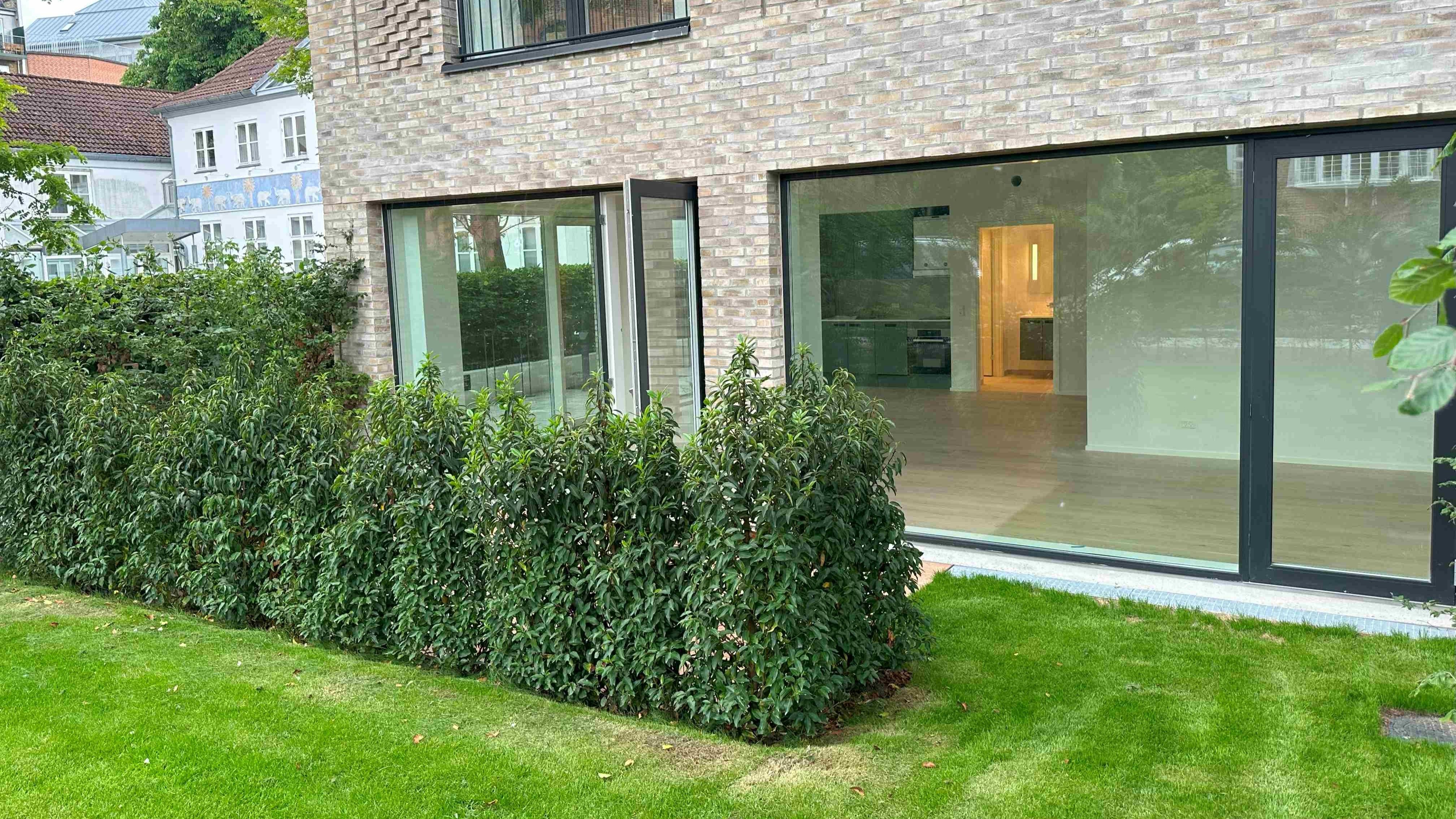 Glasdøre med sort ramme og grønt buskhæk foran erhvervslejemål med terrasse i Frederiksberg.