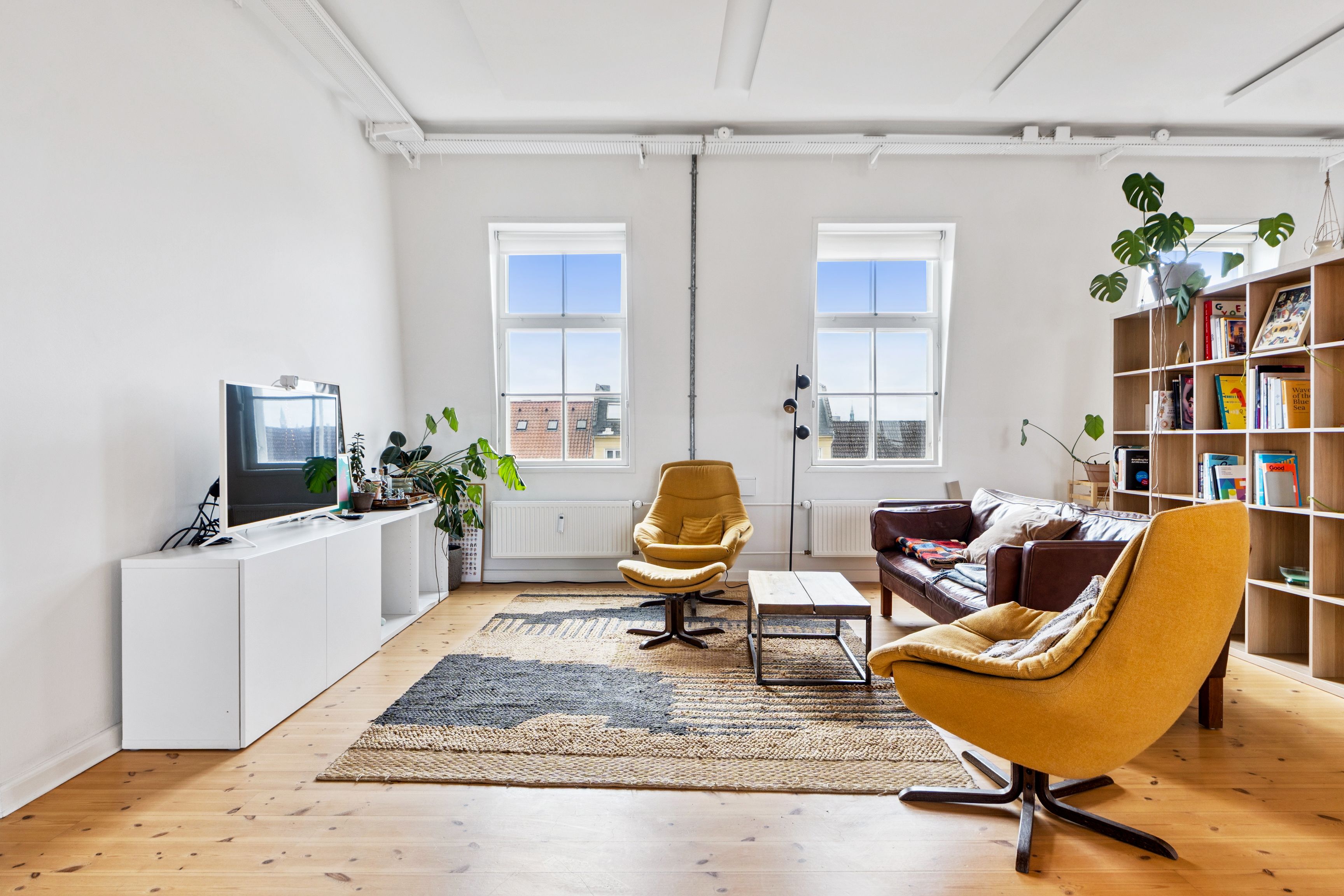 Hvidt rum med moderne møbler og lyse vinduer, tv på høj hylde, bøgetræsgulv, tre håndsvungne stole og to sofaer, to høje hylder med bøger og plante, møbler og tekstiler i neutrale farver, loft med hvide skinner.