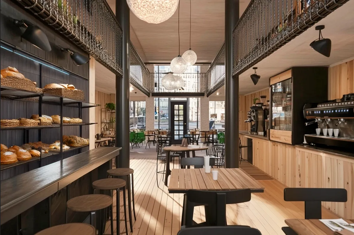 Lyst og indbydende caféinteriør med trægulve, bord, stole, hylder med brød og kaffemaskine i barens hjørne