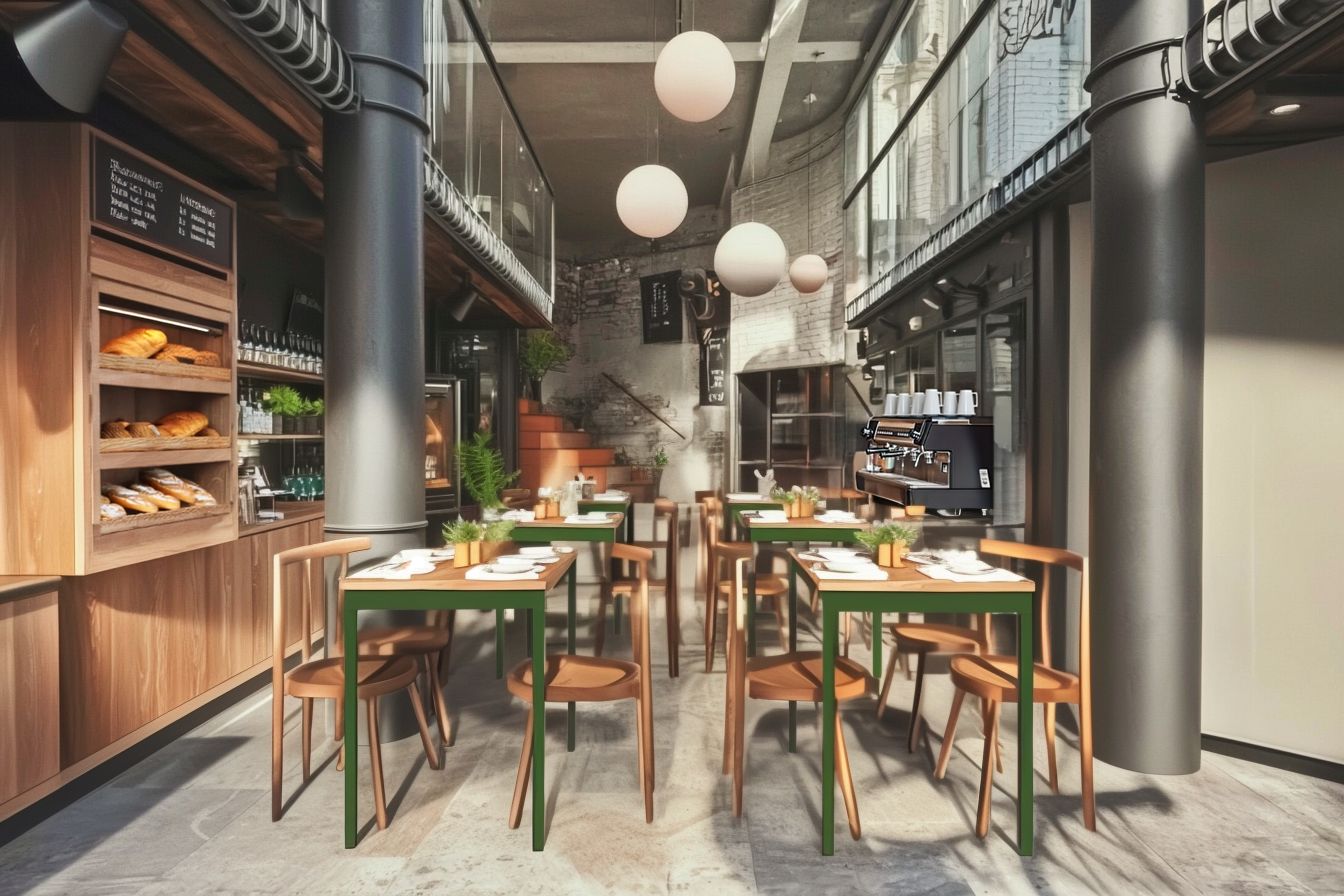 Lyst og indbydende restaurant/detaillokale med grønne borde og stole, hvor en væg med menukort og spisesteder er synligt