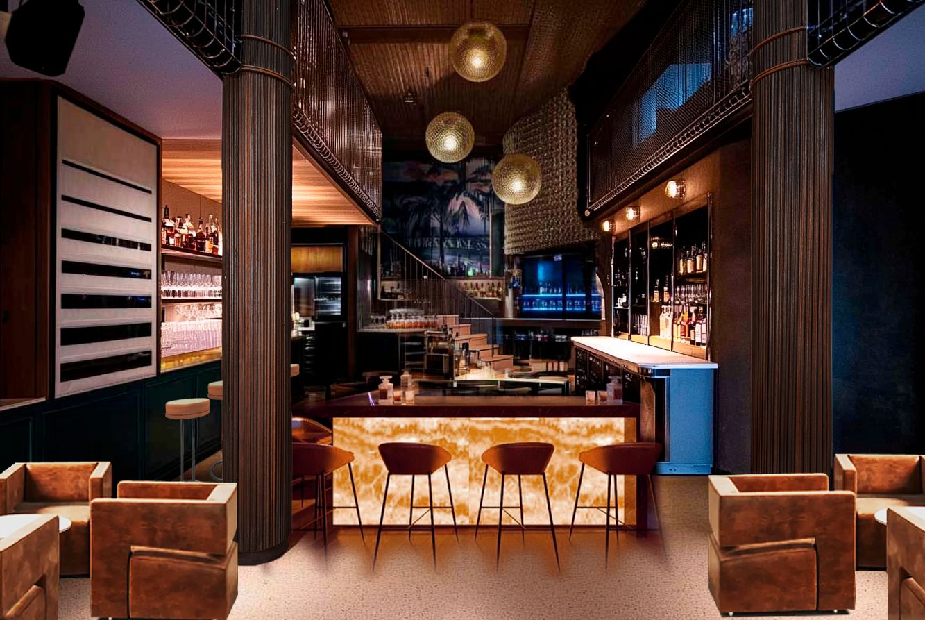 Lyst og indbydende restaurant/detaillokale med bar, stole, stolpe, lysekroner og glasvinduer på Nørregade 30, 1165 København K