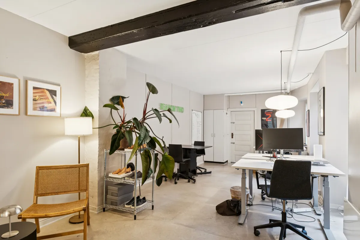 Kontor med lyse lofter, skriveborde, stole, plante og lampe i et roligt og moderne interiør. Hvid væg med malerier og lysekroner.