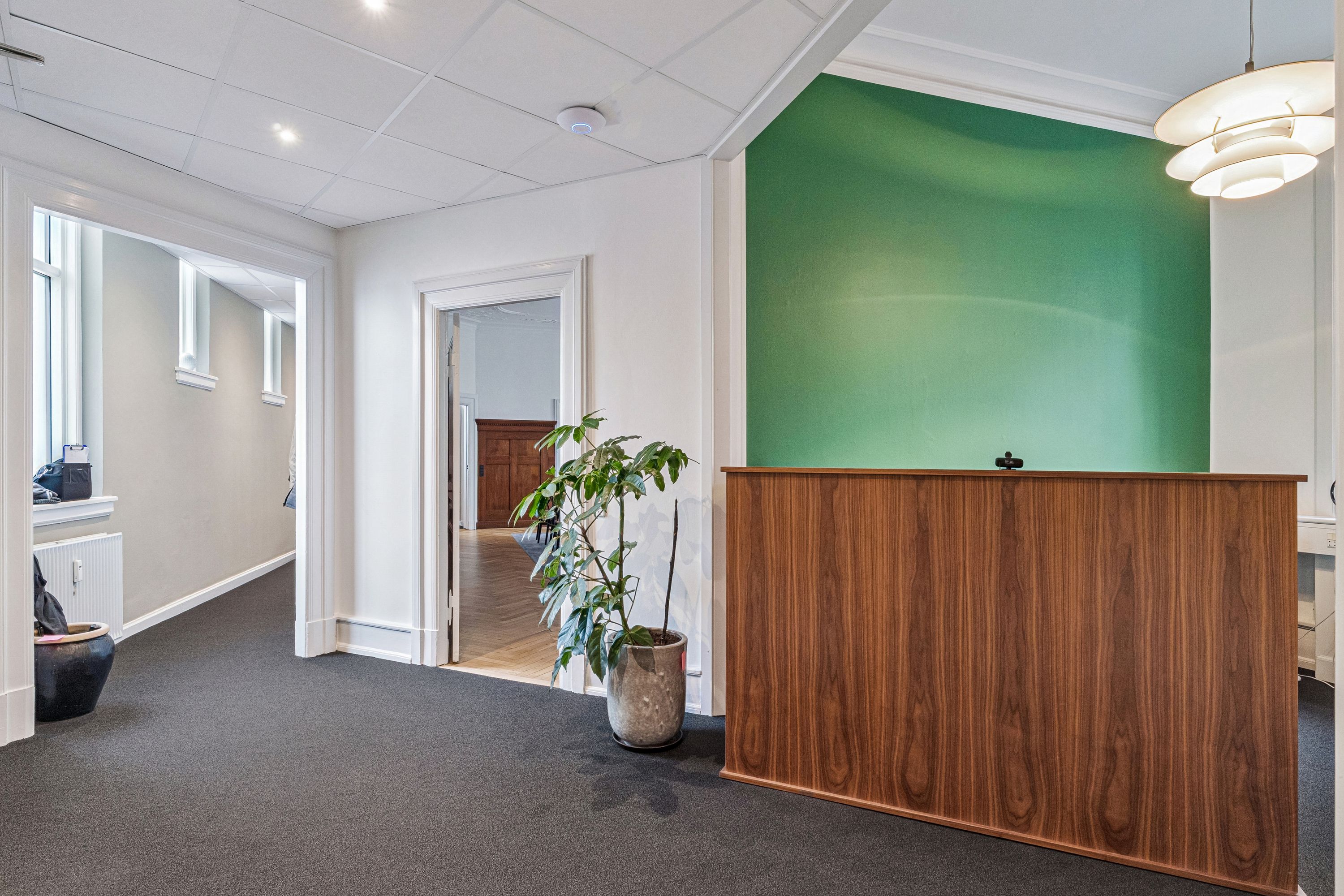 Kontor med højloft, lysegrå gulvbelægning og møbler, hvid og grøn væg og åbning til et trægulv med vinduer