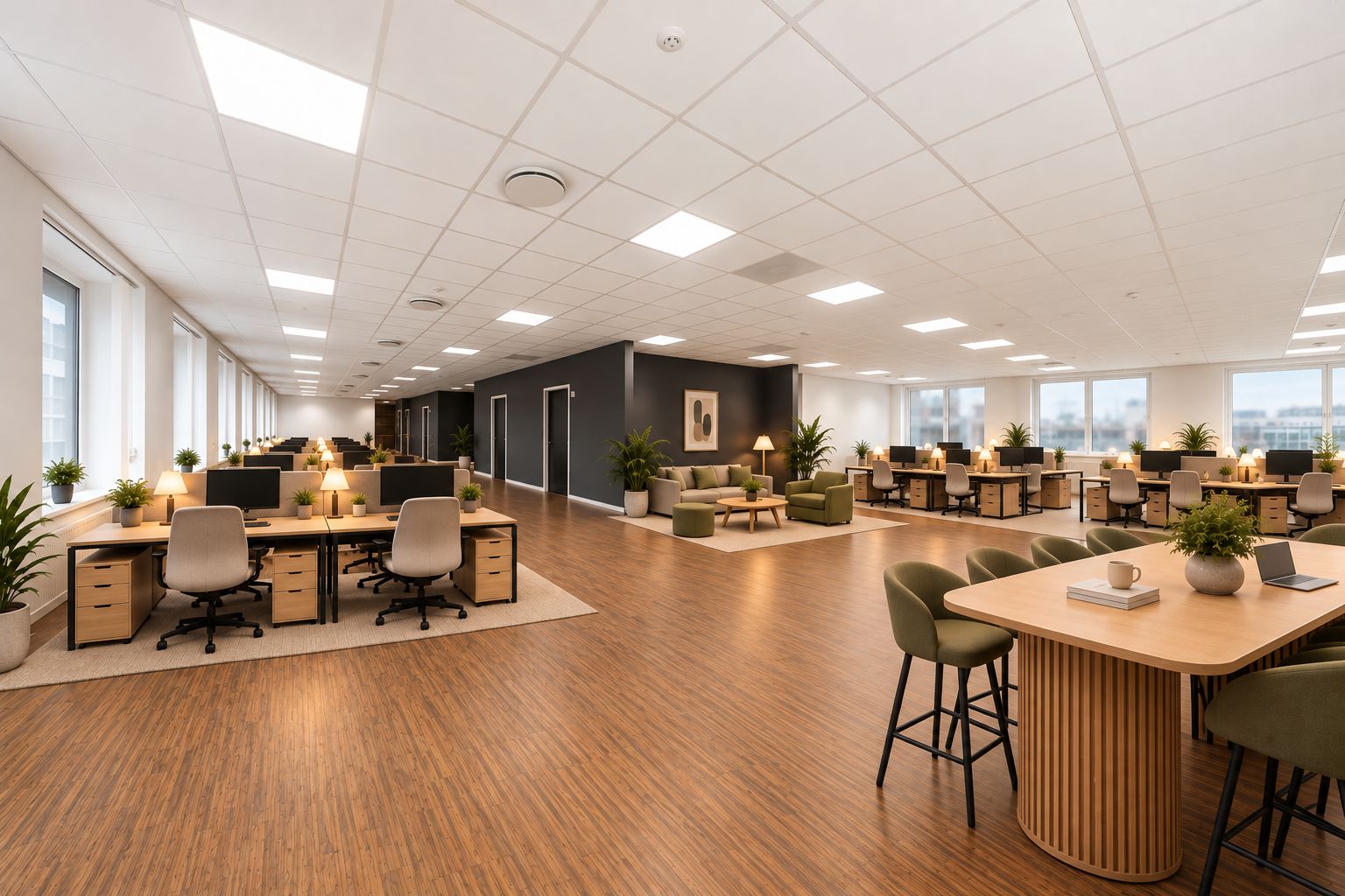 Kontorlokation med store, lyse vinduer, trægulve og fællesområder med mødeborde og sofaer. Planter og moderne lysekroner. Arbejdsstationer med computere og stole.