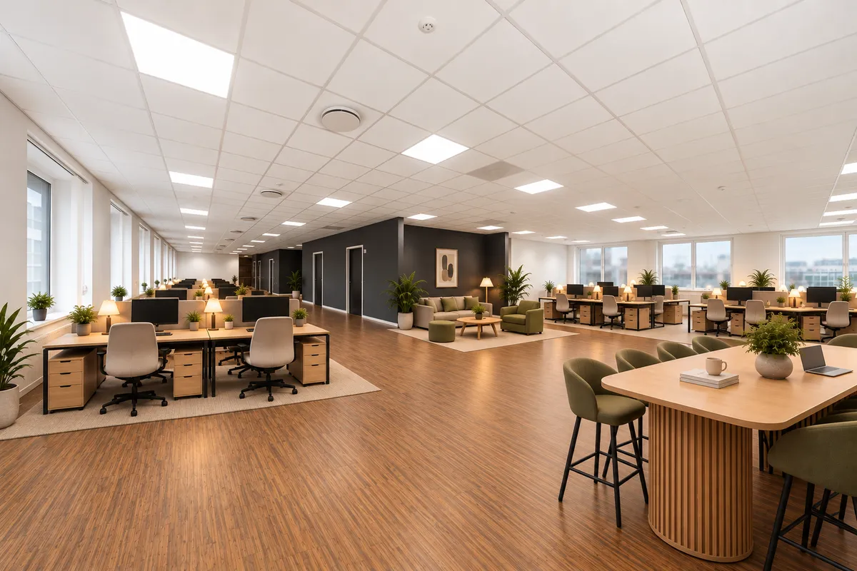 Kontorlokation med store, lyse vinduer, trægulve og fællesområder med mødeborde og sofaer. Planter og moderne lysekroner. Arbejdsstationer med computere og stole.